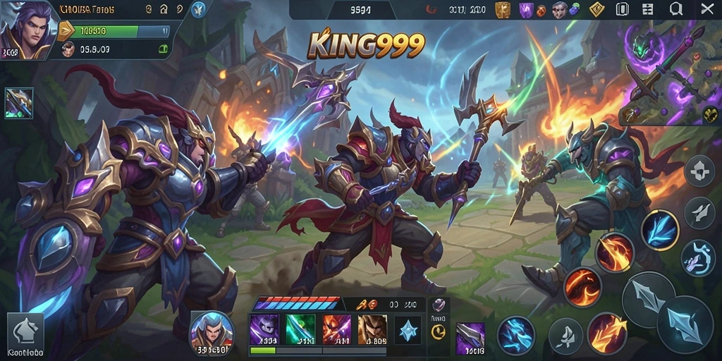 Screenshot KING999 menampilkan pertarungan seru di arena MOBA.