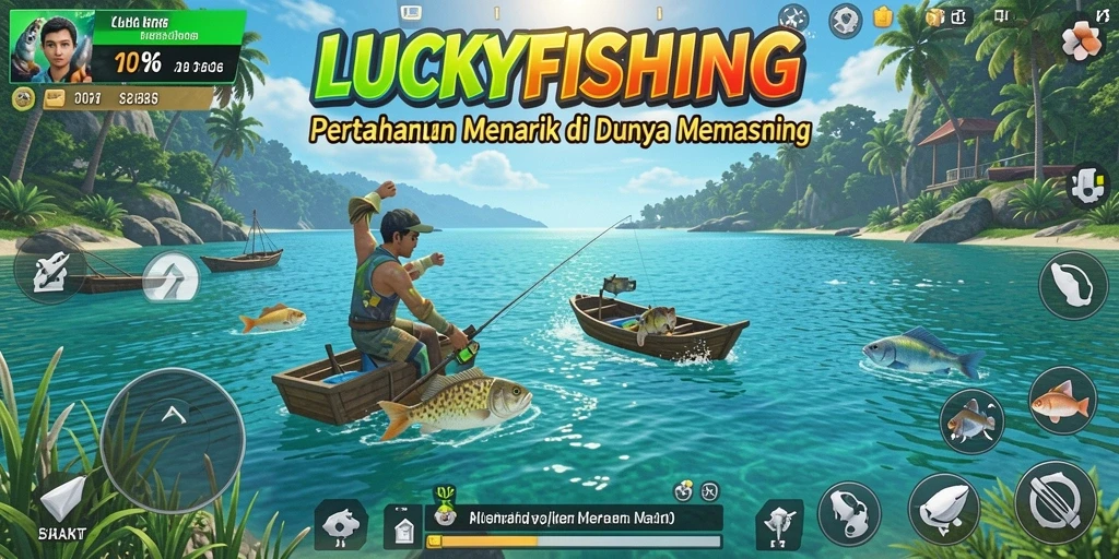 Screenshot gameplay LUCKYFISHING menampilkan pertahanan dengan ikan dan musuh laut.