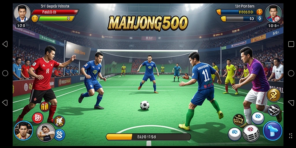Tampilan gameplay nyata dari <strong>MAHJONG500</strong> dengan aksi sepak bola yang mendebarkan.